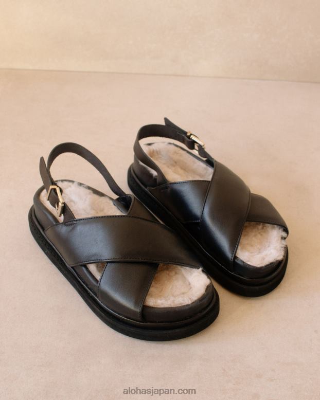 Alohas 黒 42TFH128 女性 マシュマロの毛皮 - 黒のレザー サンダル