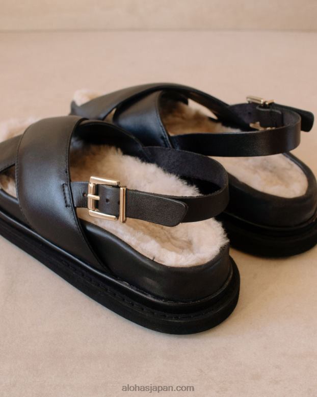 Alohas 黒 42TFH128 女性 マシュマロの毛皮 - 黒のレザー サンダル