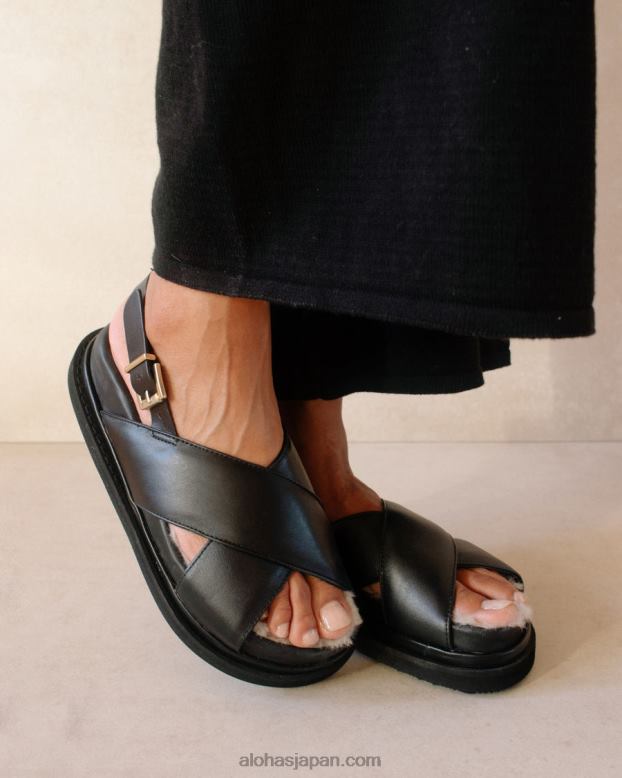 Alohas 黒 42TFH128 女性 マシュマロの毛皮 - 黒のレザー サンダル