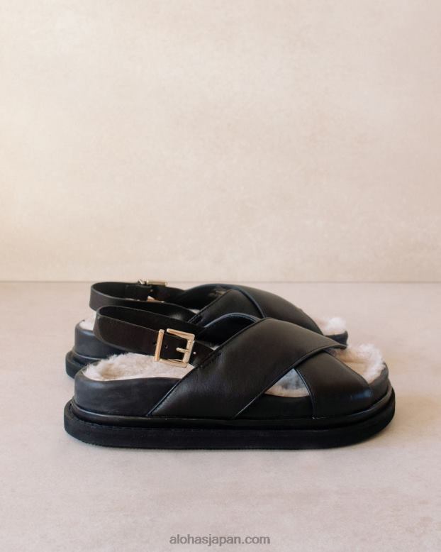 Alohas 黒 42TFH128 女性 マシュマロの毛皮 - 黒のレザー サンダル