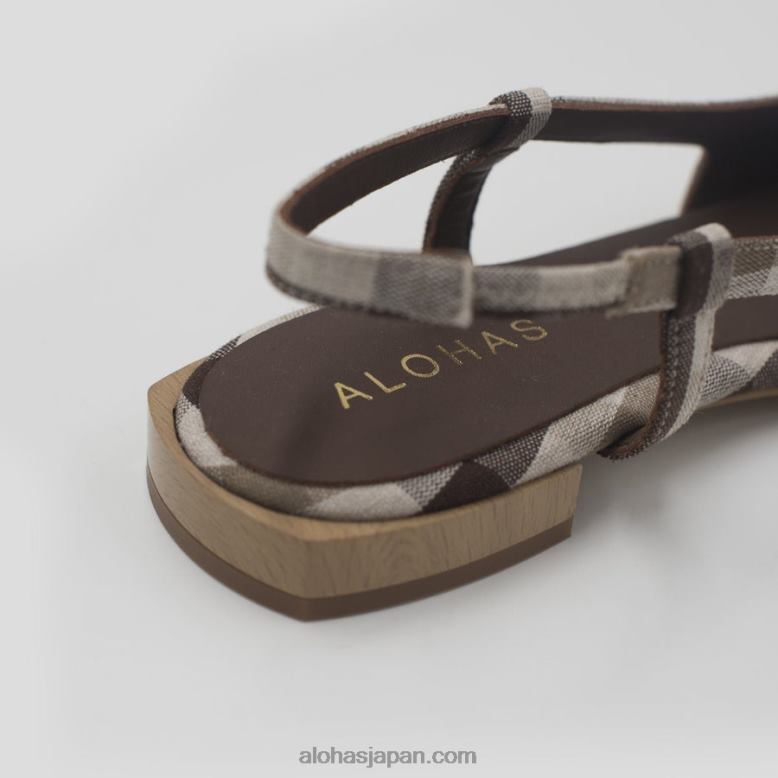 Alohas チェックキャンバスブラウンプリント 42TFH503 女性 ヒイラギチェック - ブラウンレザーミュール